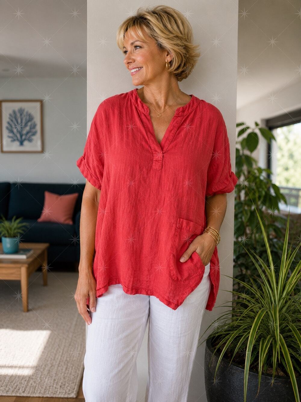 Tina Stephens Linen Tunic Top Made in Italy Coral Red One Size Oversized Pocket